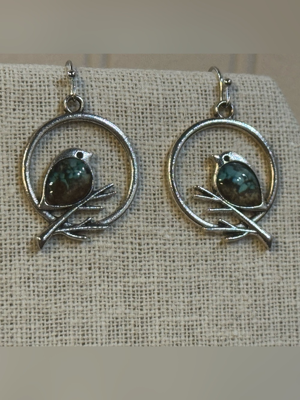 Unique Bird Branch Earrings, Turquoise Sand Inlaid